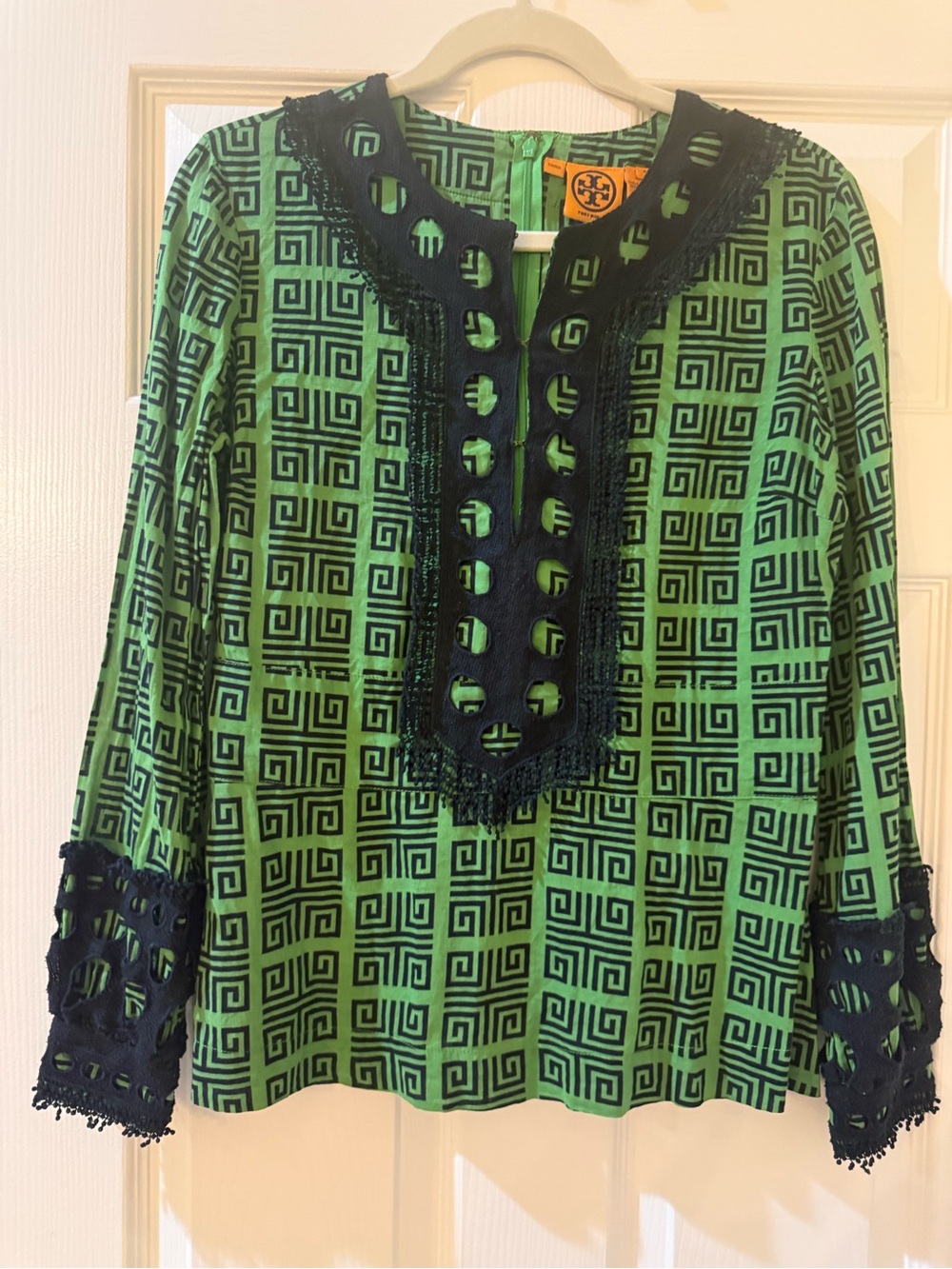 Tory Burch 100% Cotton Green and Navy Geometric Lace-Trim Long Sleeve Top